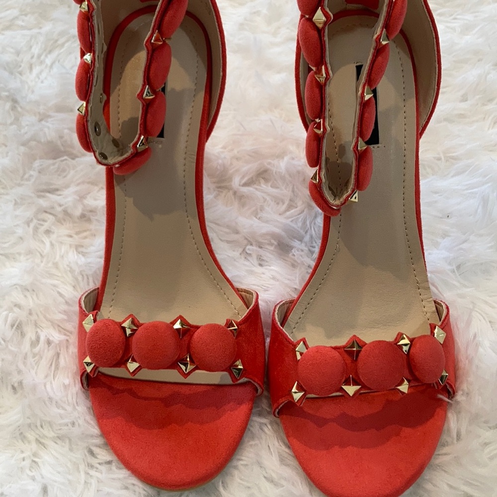 Orange ankle strap suede heels